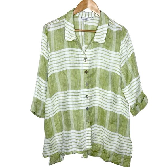Habitat Striped Linen Top Green Womens Small Button Up Summer Lagenlook Coastal - Picture 1 of 8